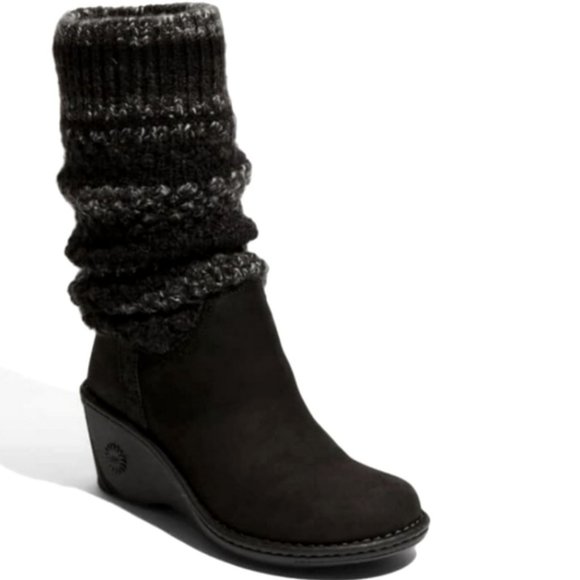 UGG Shoes - UGG Cresthaven Sweater Knit Shaft Leather Wedge Boot - Black Size 8